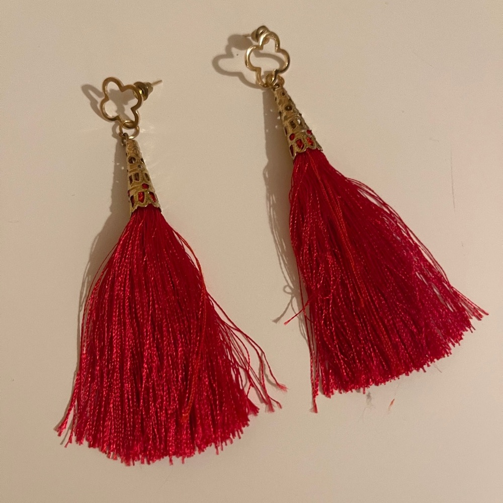 Long Red Silk Thread Tassel Earrings